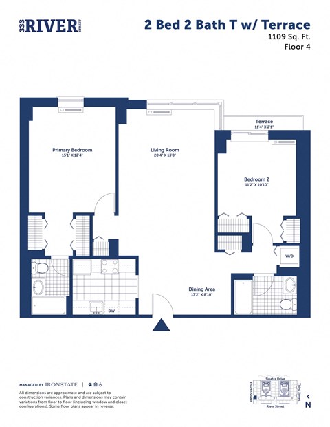 Floor plan for 2 beds, 2 baths, 1109 sqft